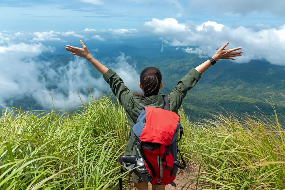 happy woman hiking
